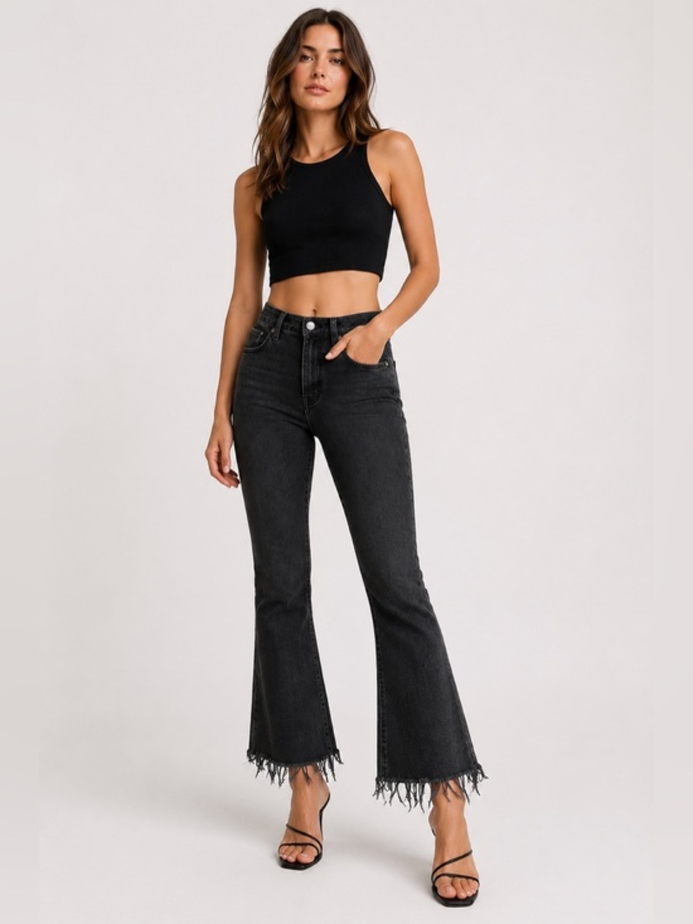 FRAME Le Crop Flare Black Raw Hem Cropped Flare Jeans 27